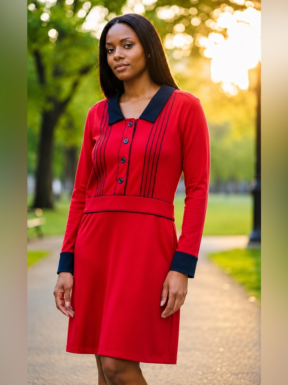 Zapelle Navy Blue & Red Collared Knit Knee Length Dress Long Sleeve Career Sz 12
